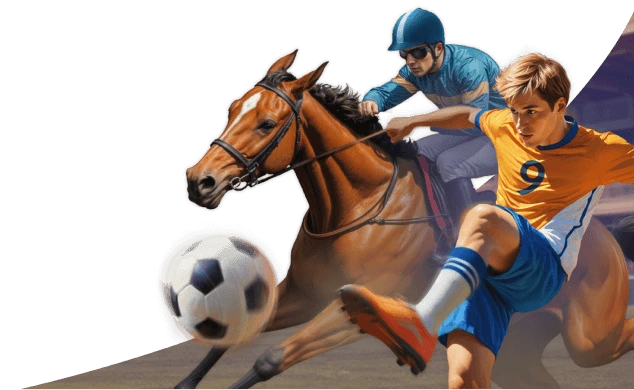 virtual sports second banner with football soccer player and horse rider